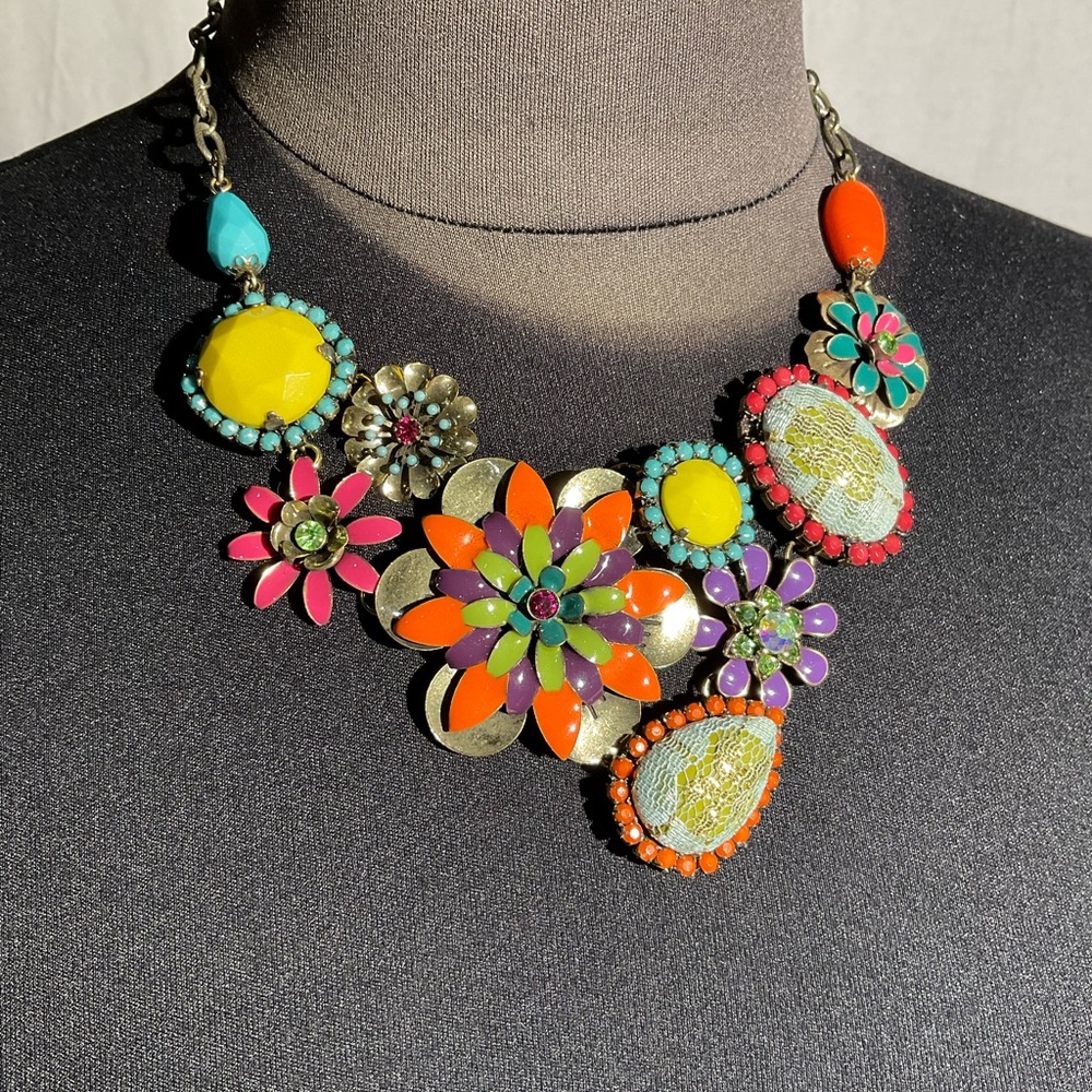 Gorgeous colorful mixed media flower statement necklace